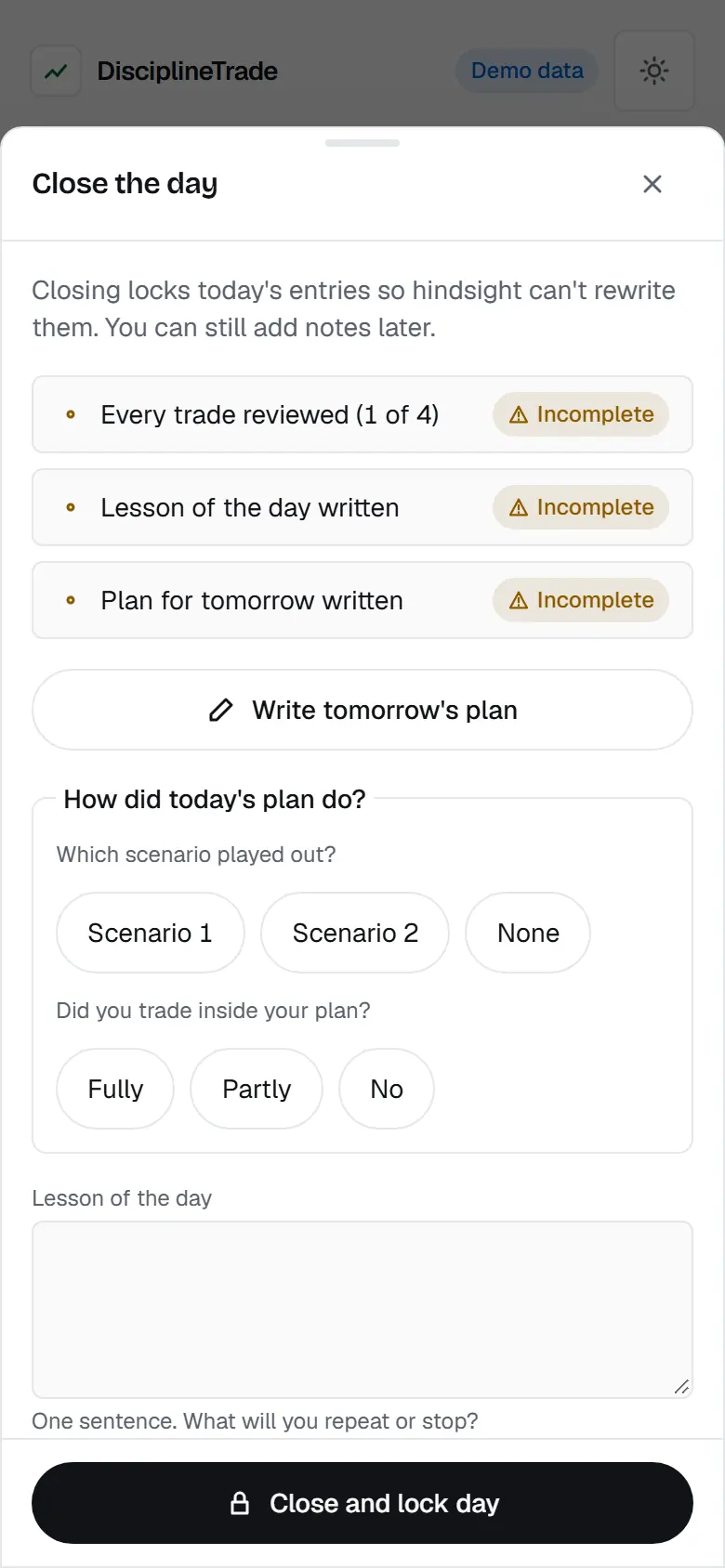 Close the day: checklist of reviews, lesson and tomorrow's plan