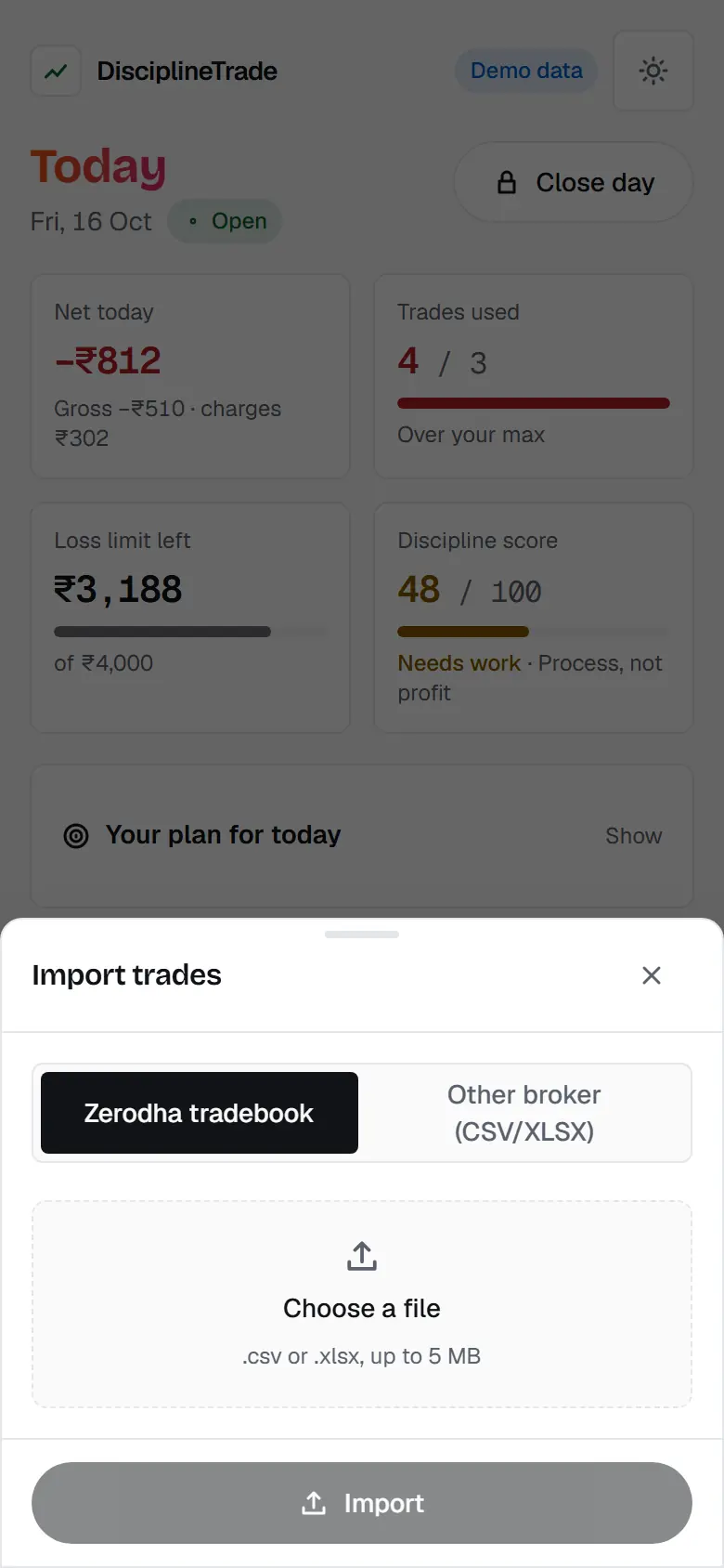 Import sheet for a Zerodha tradebook or another broker's CSV or XLSX