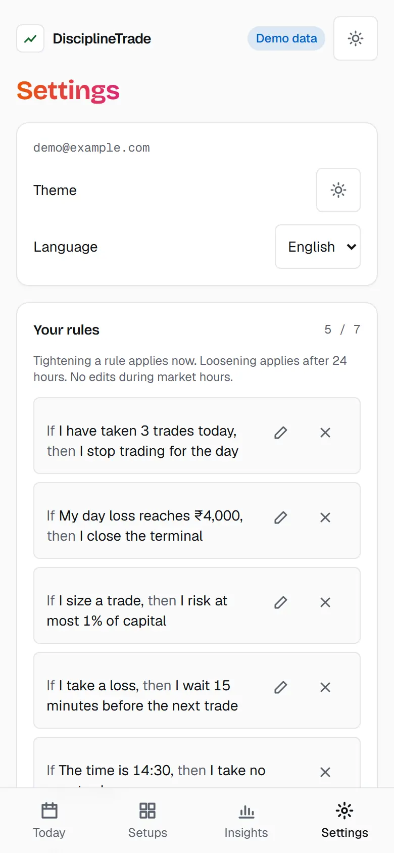 Settings with five if-then rules and the 5 of 7 counter
